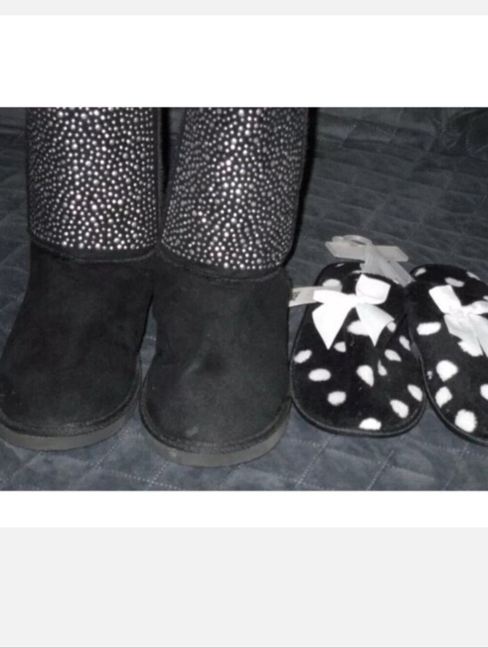 2 Slippers Black & While Polka Dot Scuffs & Black Vanity Sparkle Boots 10 11